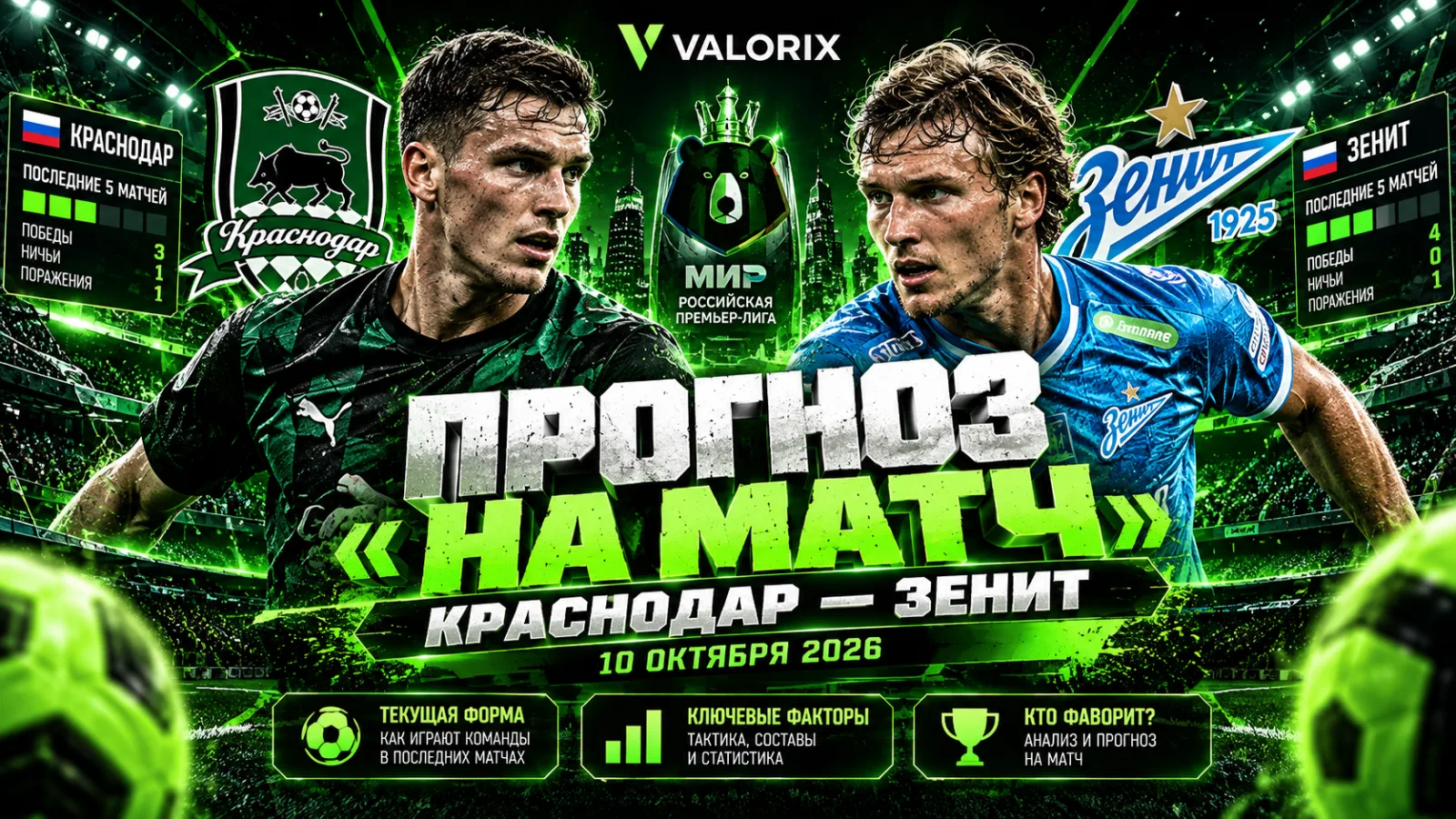 ⚽ Прогноз на матч Краснодар — Зенит 10 октября 2026: кто фаворит и чего ждать