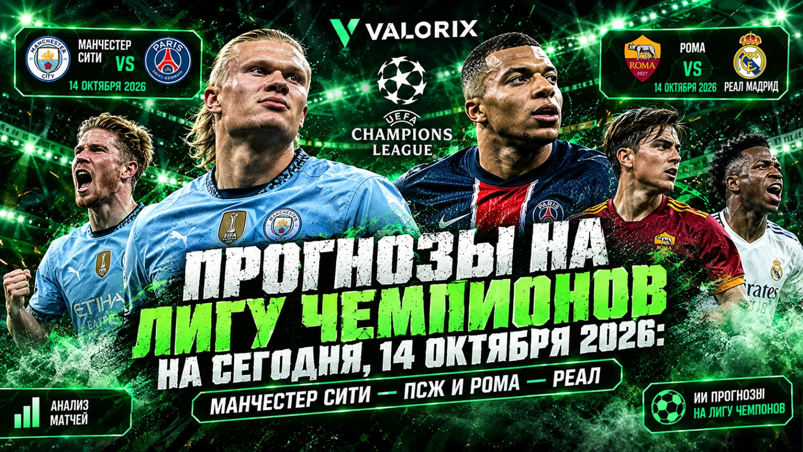 ⚽ Прогнозы на Лигу чемпионов на сегодня, 14 октября 2026: Манчестер Сити — ПСЖ и Рома — Реал