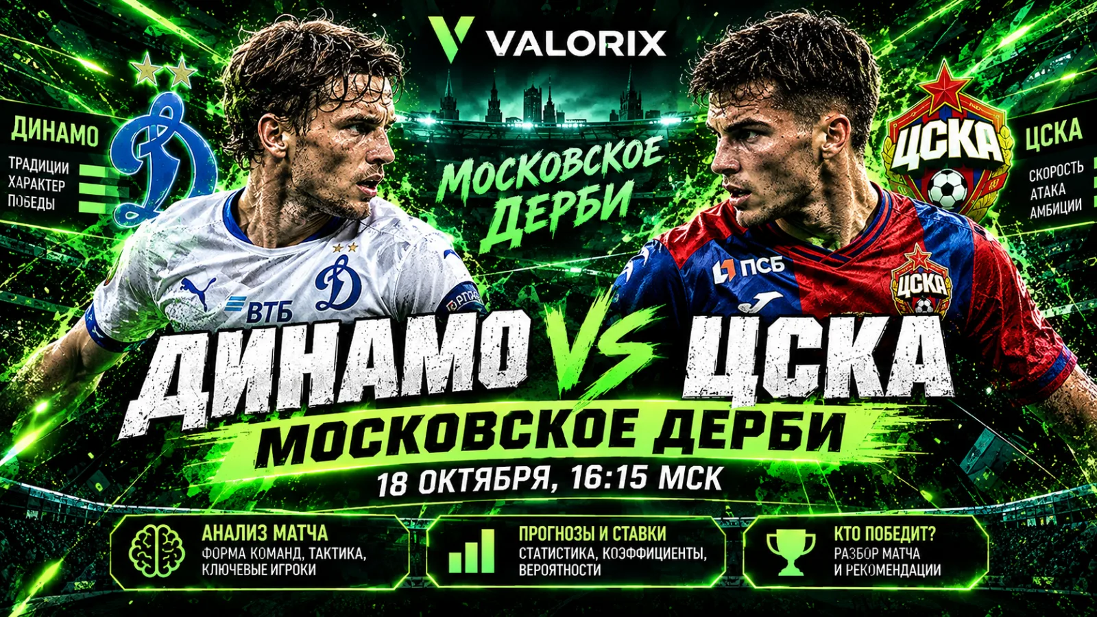 ⚽ Прогноз на матч Динамо — ЦСКА 18 октября 2026: дерби первого и второго места